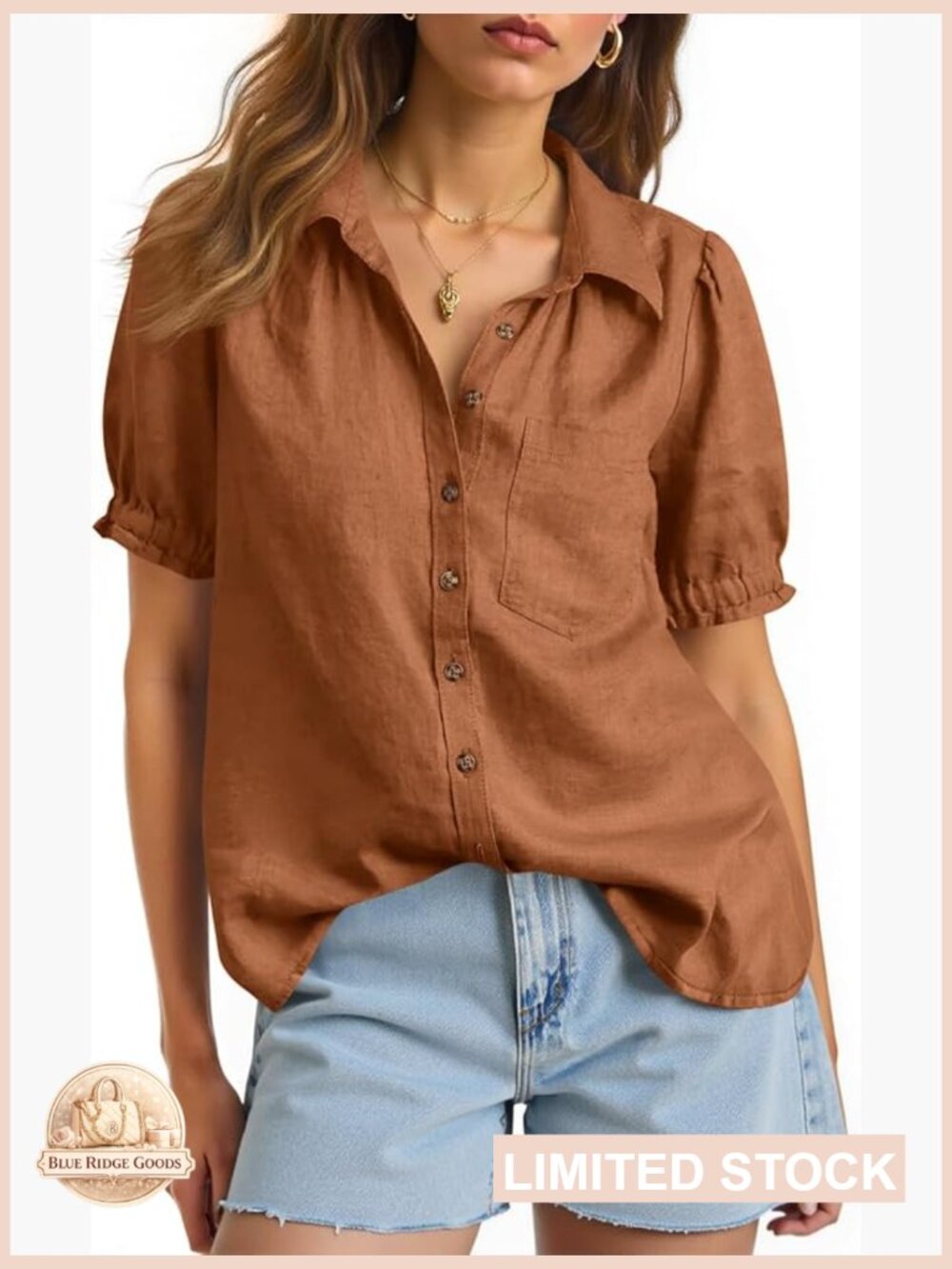 Puff Short Sleeve Button Down Shirt Casual Collared V Neck Linen Loose Fit - Picture 1 of 7